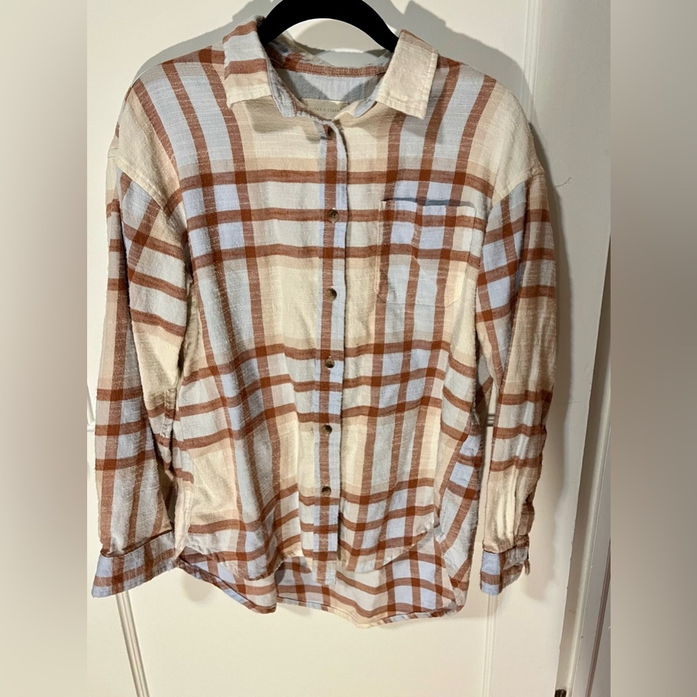 Altar'd State Women’s Casual Plaid Shirt in Cream and Brown